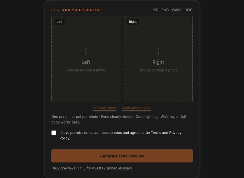 Hotel Lobby AI interface with empty Left and Right upload slots, Swap and a consent checkbox